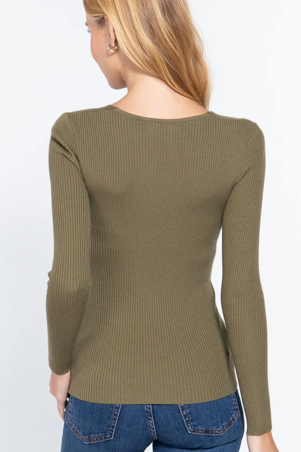 Green V-neck Viscose Rib Sweater