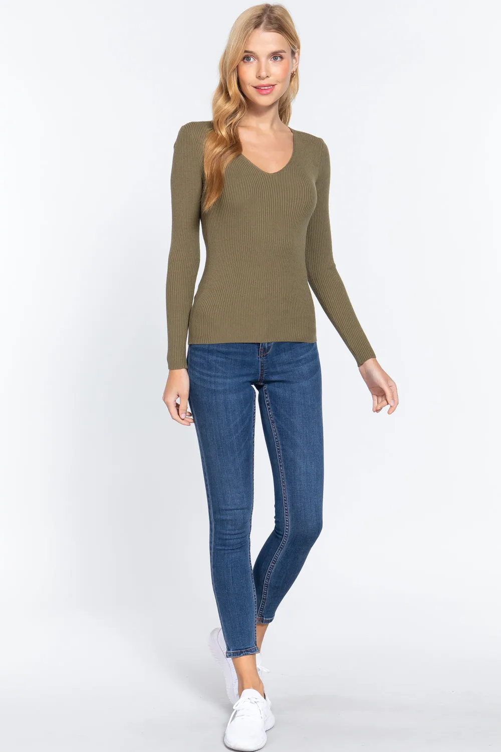 Green V-neck Viscose Rib Sweater