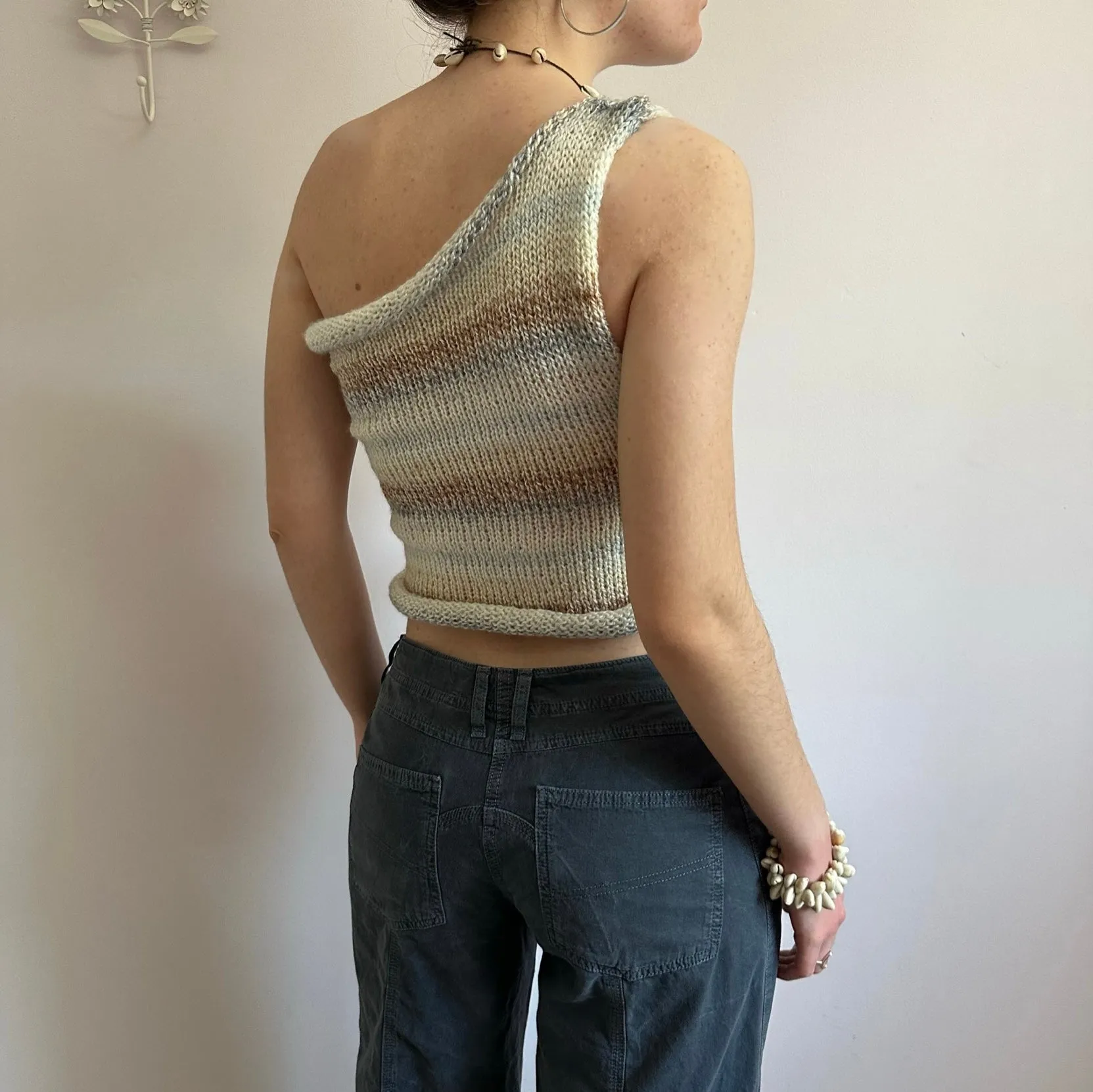 Handmade knitted one shoulder asymmetrical top in cream, baby blue and brown