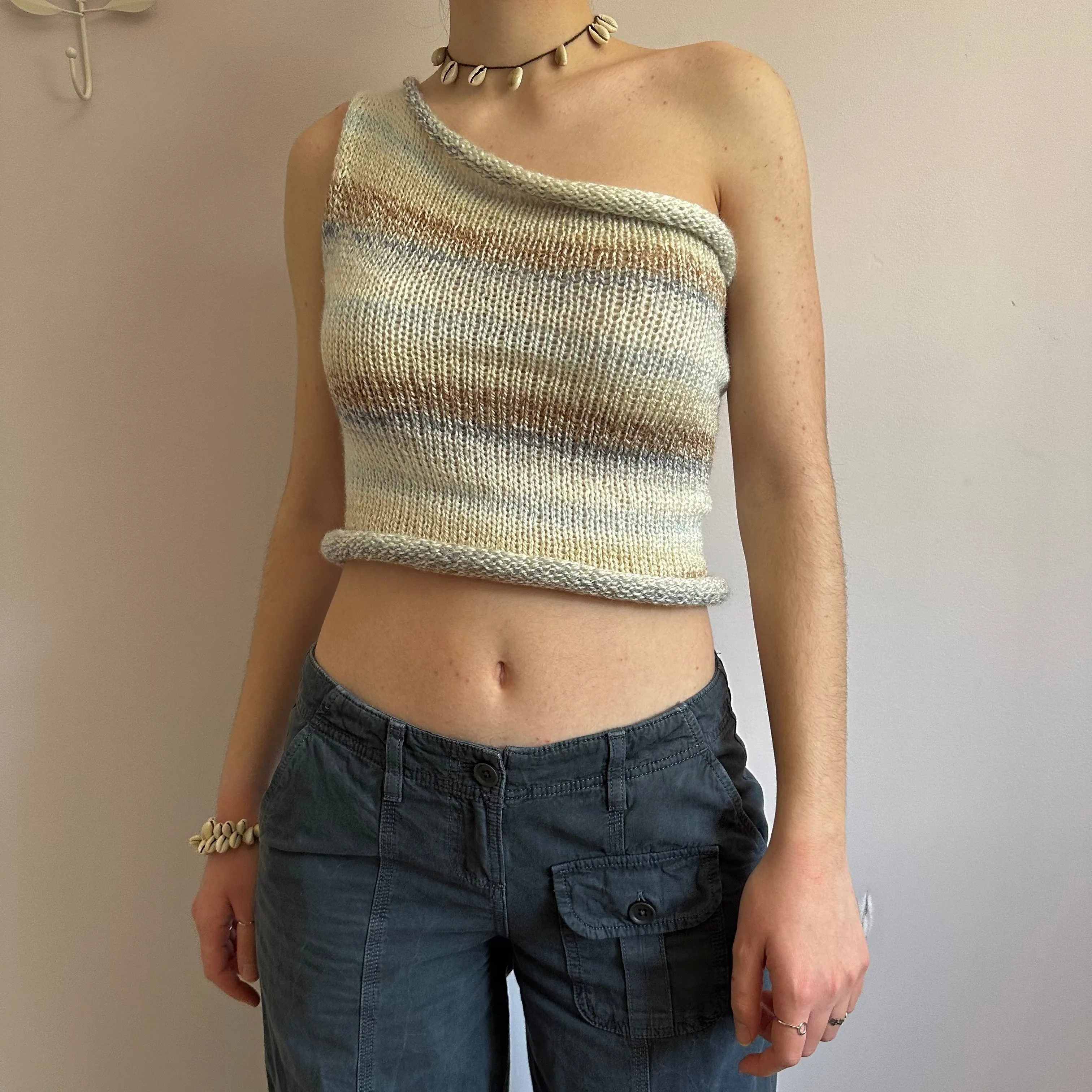 Handmade knitted one shoulder asymmetrical top in cream, baby blue and brown