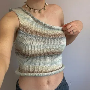 Handmade knitted one shoulder asymmetrical top in cream, baby blue and brown