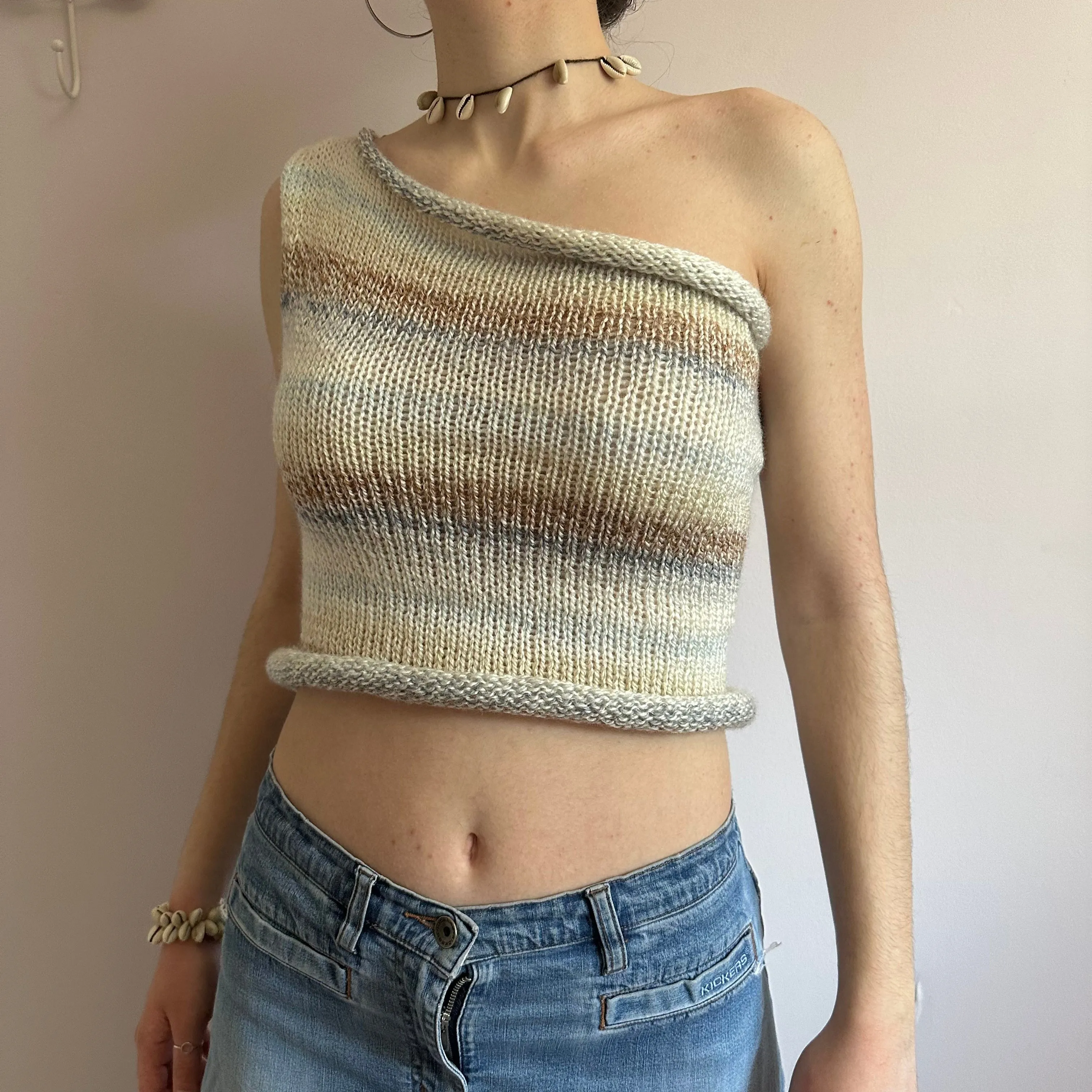 Handmade knitted one shoulder asymmetrical top in cream, baby blue and brown