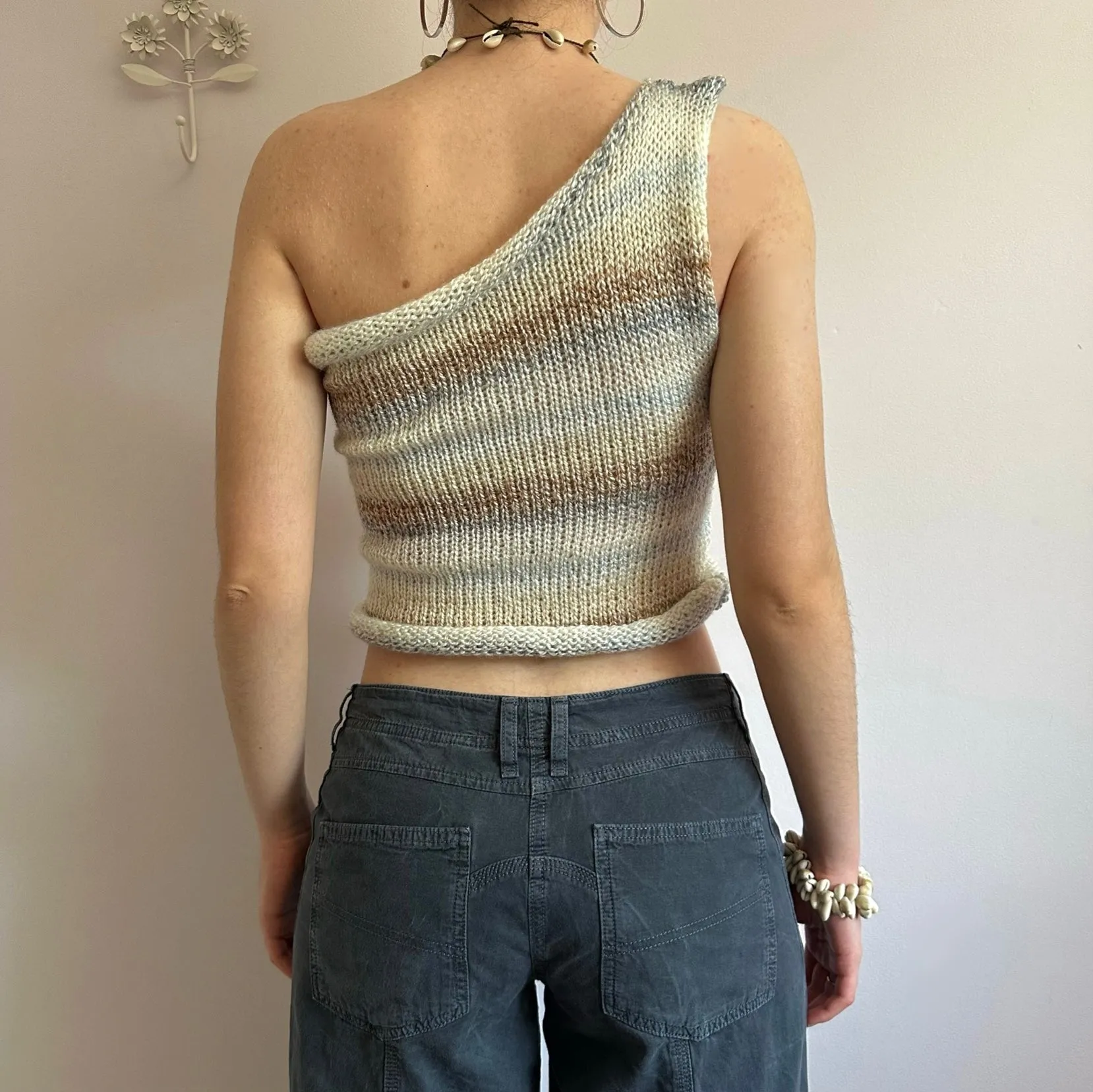 Handmade knitted one shoulder asymmetrical top in cream, baby blue and brown